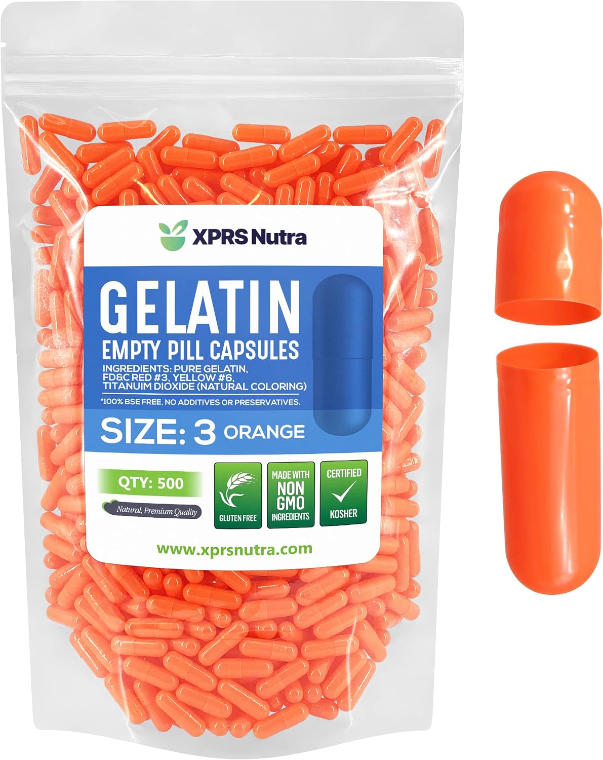 XPRS Nutra Size 3 Empty Capsules - 500 Count Empty Gelatine Capsules (Orange) - görsel 1