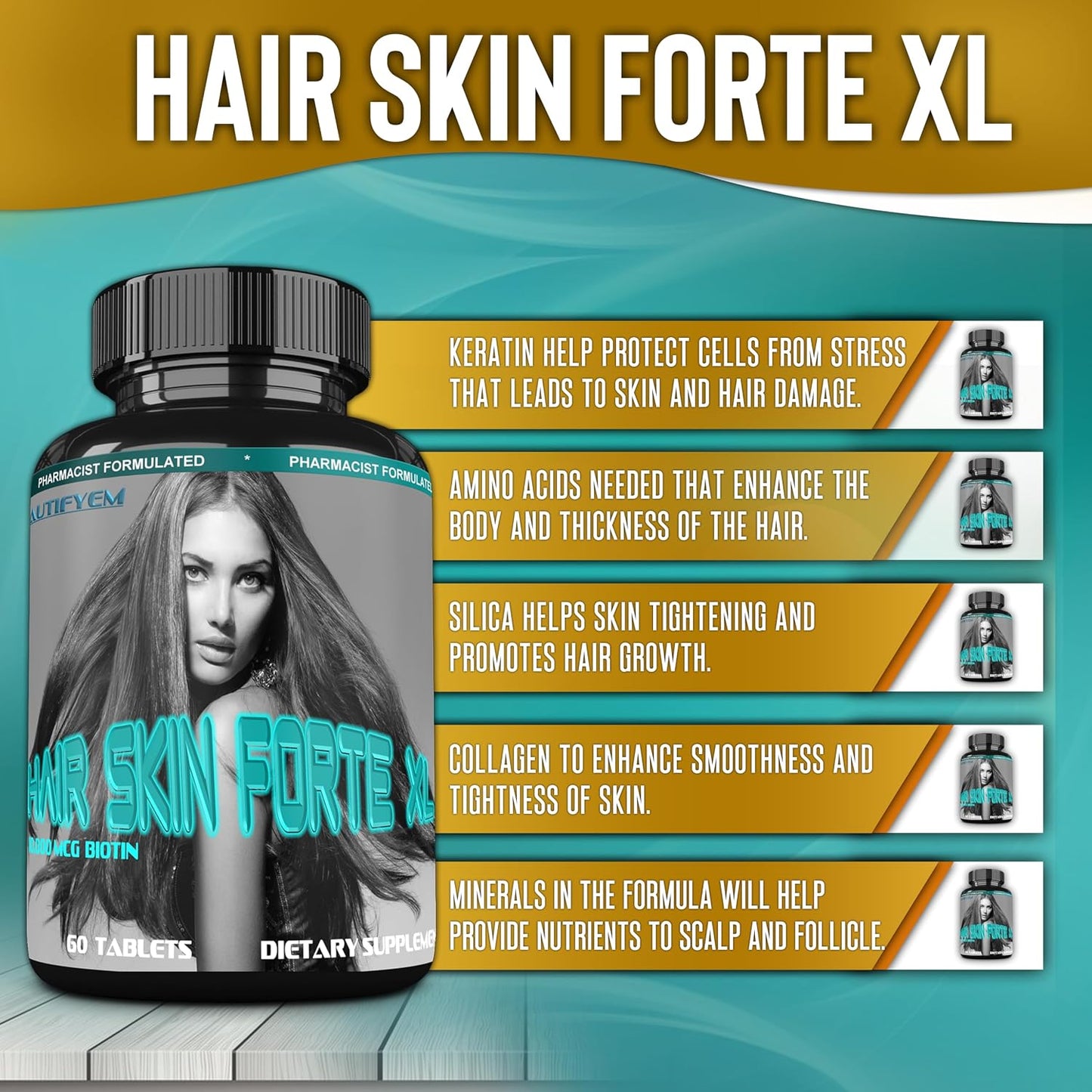Hair Skin Forte XL Hair & Skin Growth Complex 10,000 mcg Biotin + Collagen Peptides - 60 Tablets - görsel 4