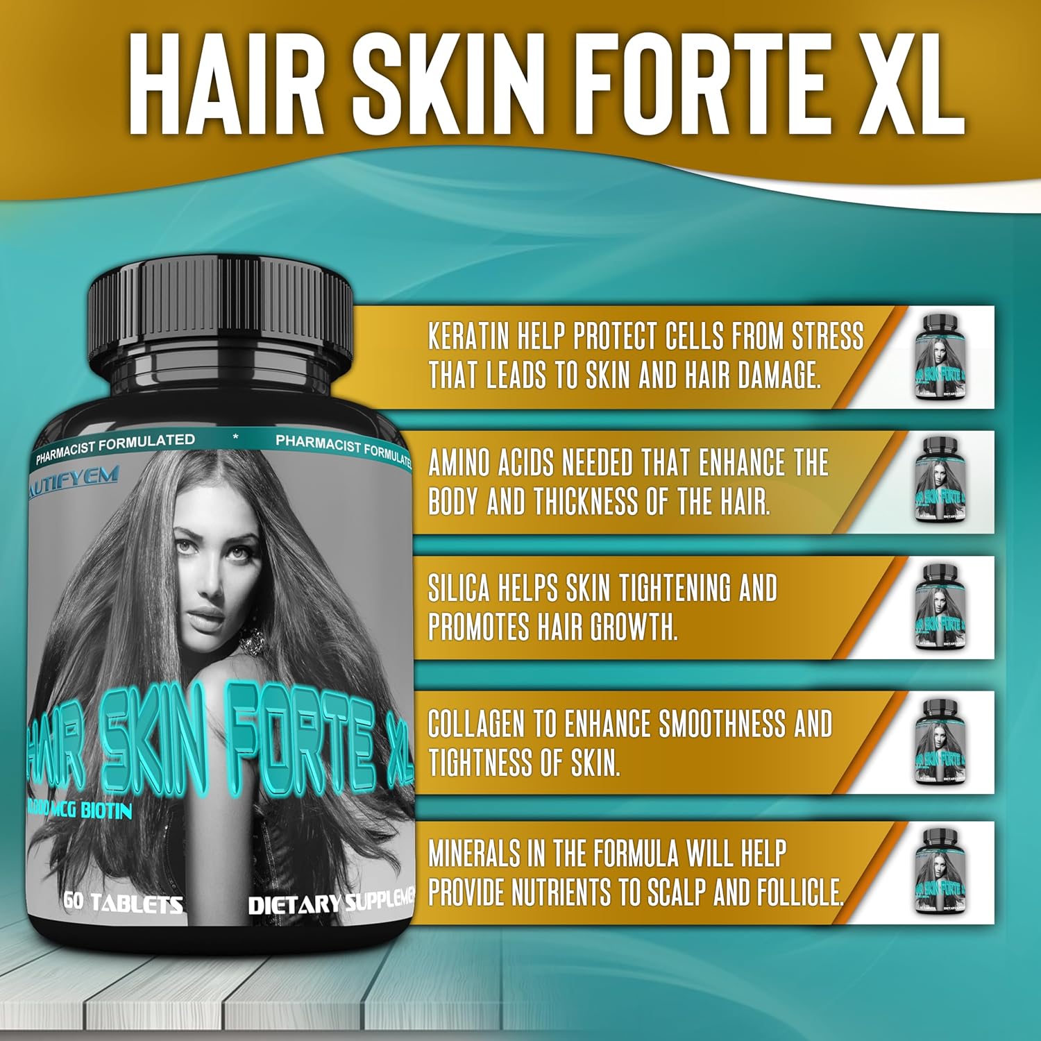 Hair Skin Forte XL Hair & Skin Growth Complex 10,000 mcg Biotin + Collagen Peptides - 60 Tablets - görsel 4