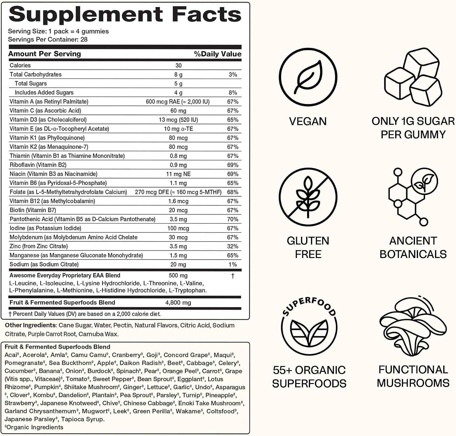 Awesome Everyday Essential Daily Nutrition Gummies - 9 Essential Amino Acids + Vitamins, Minerals & Organic Greens and Superfoods - Fermented Nutrition for Energy, Brain & Immunity – Kids – 28 Count - görsel 4