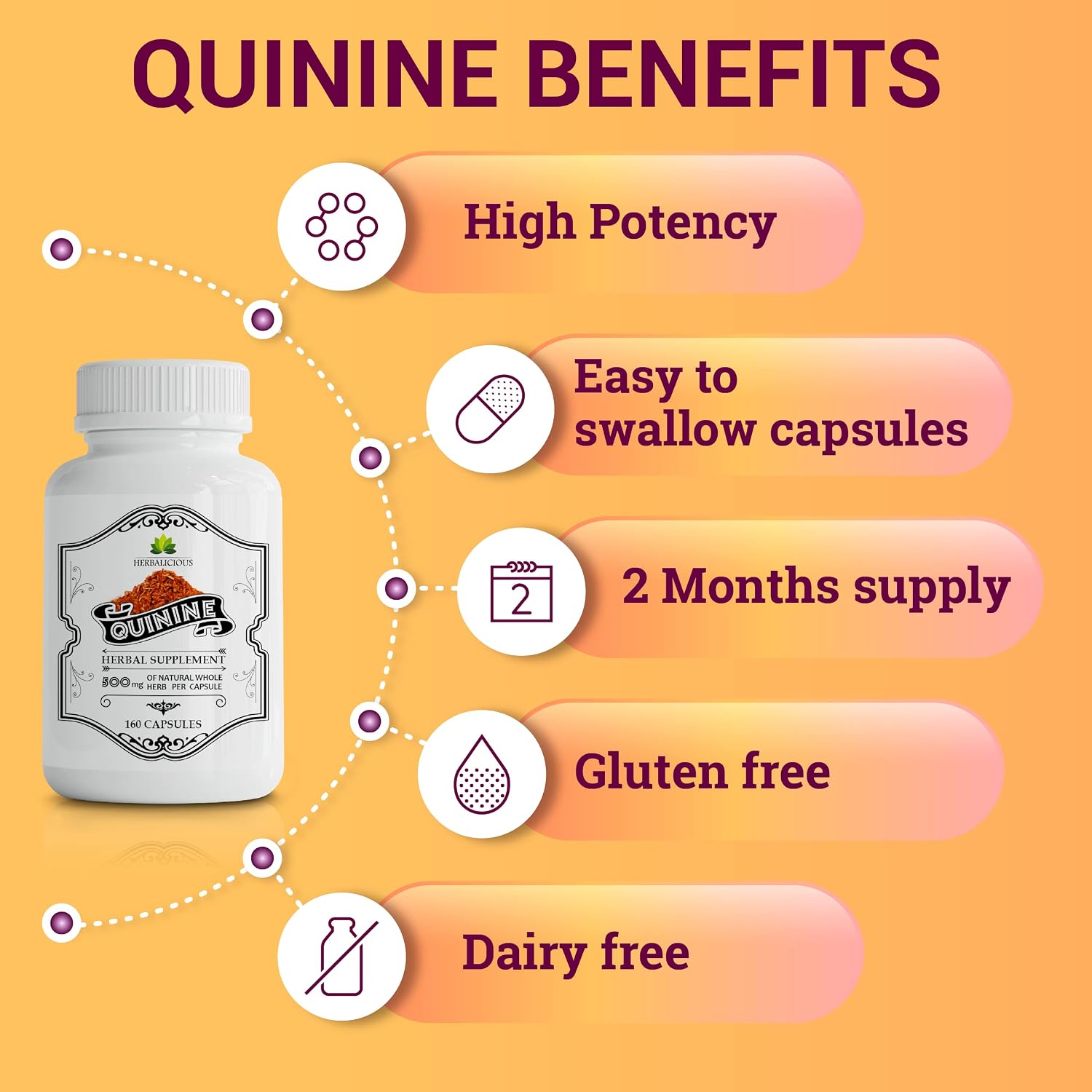 HERBALICIOUS Quinine Capsules - Cinchona Officinalis Bark Supplement for Leg Cramps & Digestive Health, 500mg, 160 Capsules - görsel 5