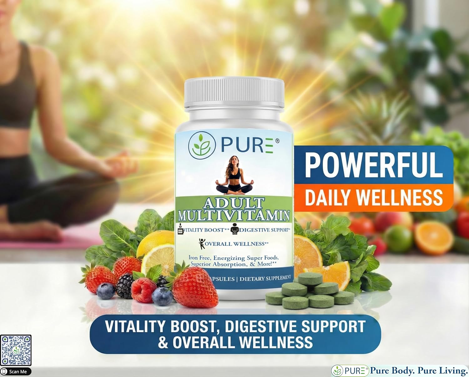 PURE Adult Multivitamin Iron Free - High Potency Daily Wellbeing with Superfoods, B12 & Zinc - 90 Vegetable Capsules - görsel 2