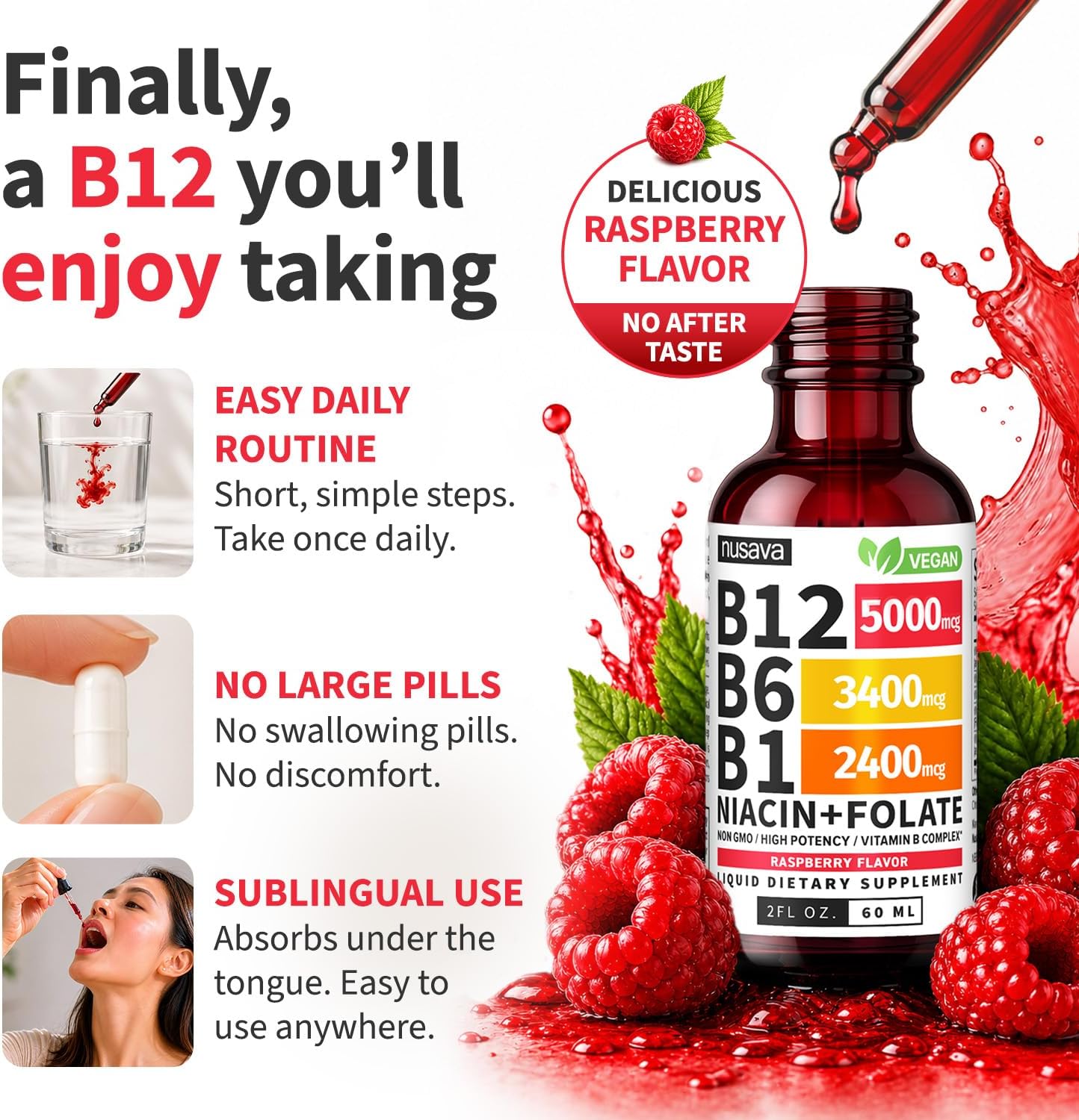 NUSAVA (2 Pack) Vitamin B12 Liquid Drops with B6, B1, Niacin & Folate — B12 Sublingual Vitamin B Complex, Methylcobalamin 5000 mcg, for Energy, Brain & Heart Support, Raspberry Flavour, 80 Servings - görsel 5