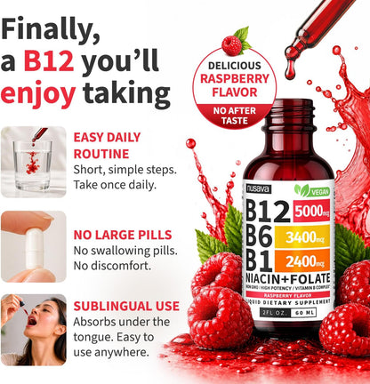 NUSAVA (2 Pack) Vitamin B12 Liquid Drops with B6, B1, Niacin & Folate — B12 Sublingual Vitamin B Complex, Methylcobalamin 5000 mcg, for Energy, Brain & Heart Support, Raspberry Flavour, 80 Servings