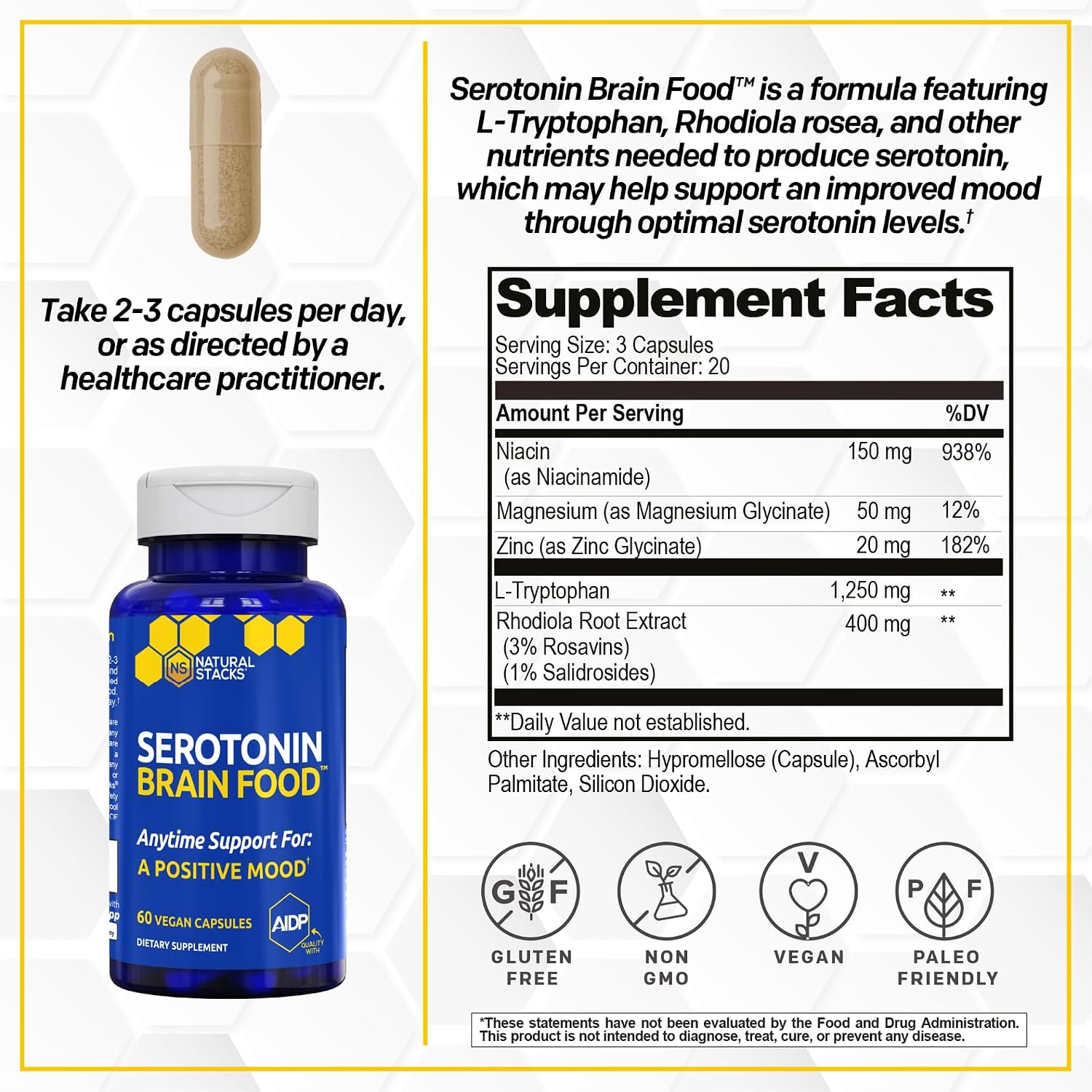 Serotonin Brain Food - 1250mg L-Tryptophan & 400mg Rhodiola Rosea Supplement - Mood Support with Magnesium Glycinate & Zinc - 60 Capsules - görsel 2