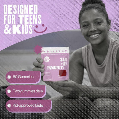 SAM+LEO Immunity Gummies with Elderberry, Echinacea, Zinc & Vitamin C – Kids Immune Support – Berry Flavour (60 Count)