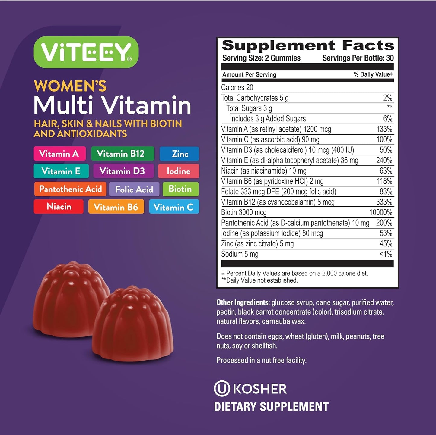Viteey Women's Multivitamin Gummies - Raspberry Flavoured - 12 in 1 Essential Vitamins & Minerals, Vegetarian, Kosher - görsel 4