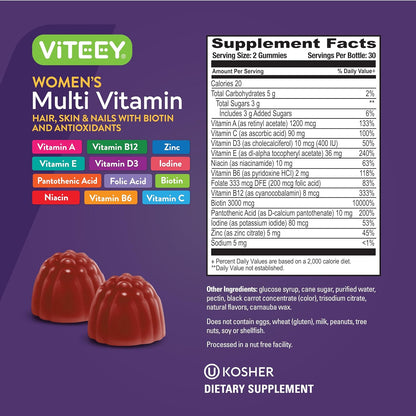 Viteey Women's Multivitamin Gummies - Raspberry Flavoured - 12 in 1 Essential Vitamins & Minerals, Vegetarian, Kosher