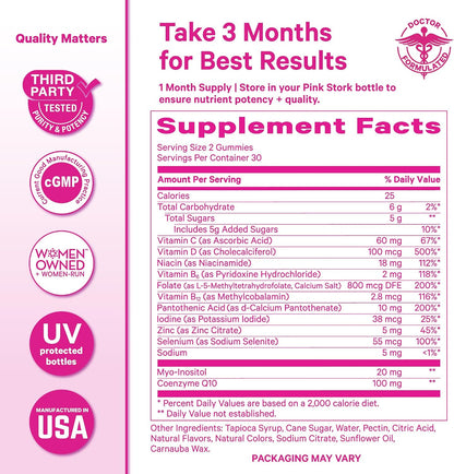 Pink Stork Fertility Gummies for Women's - CoQ10, Myo-Inositol, Methylated Folate - 60 Count