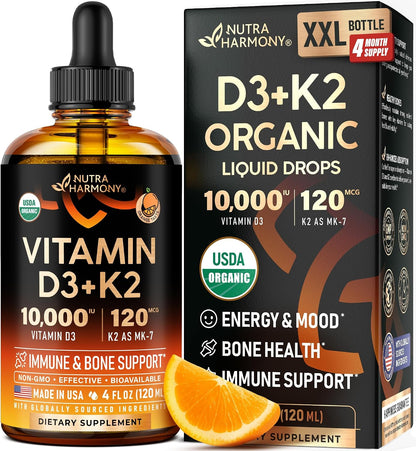 Vitamin D3 K2 USDA Organic Drops, 10000 IU D3 & 120 mcg K2 MK-7, Orange Flavour, 120ml (120-Day Supply)