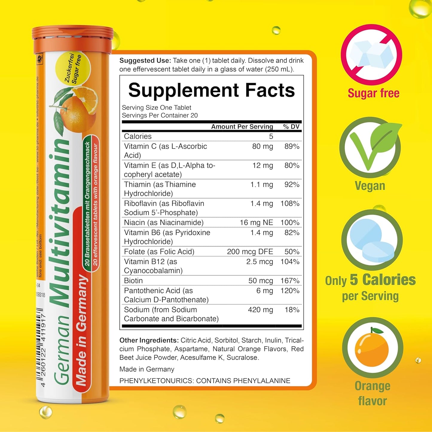 T&D German Multivitamin 10 Vitamins - 40 Vegan Drink Effervescent Tablets - Orange Flavour - Made in Germany - görsel 3