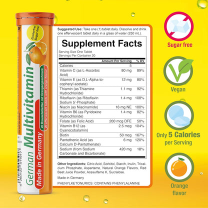 T&D German Multivitamin 10 Vitamins - 40 Vegan Drink Effervescent Tablets - Orange Flavour - Made in Germany