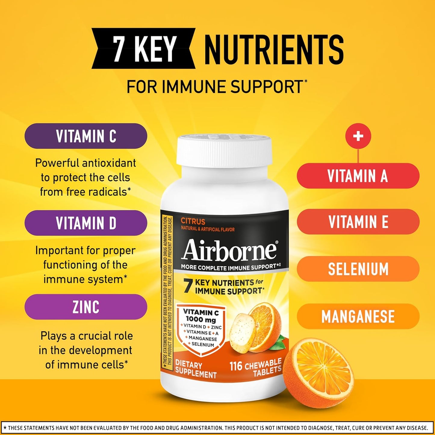 Airborne 1000mg Vitamin C + Zinc Immune Support Chewable Tablets, Citrus Flavour (116 Count) - görsel 5
