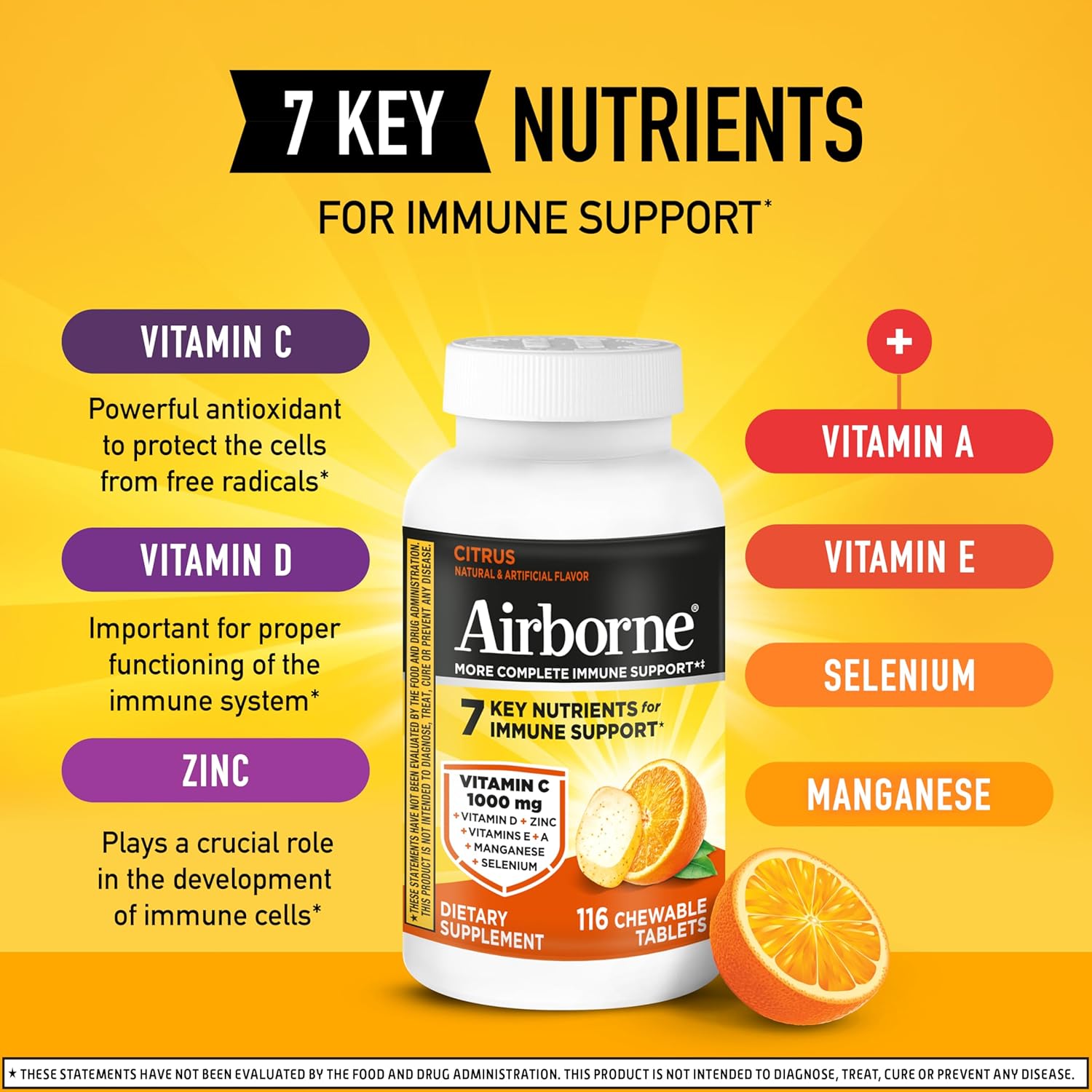 Airborne 1000mg Vitamin C + Zinc Immune Support Chewable Tablets, Citrus Flavour (116 Count) - görsel 5