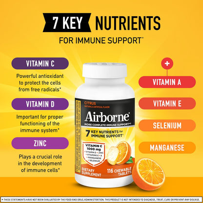 Airborne 1000mg Vitamin C + Zinc Immune Support Chewable Tablets, Citrus Flavour (116 Count)