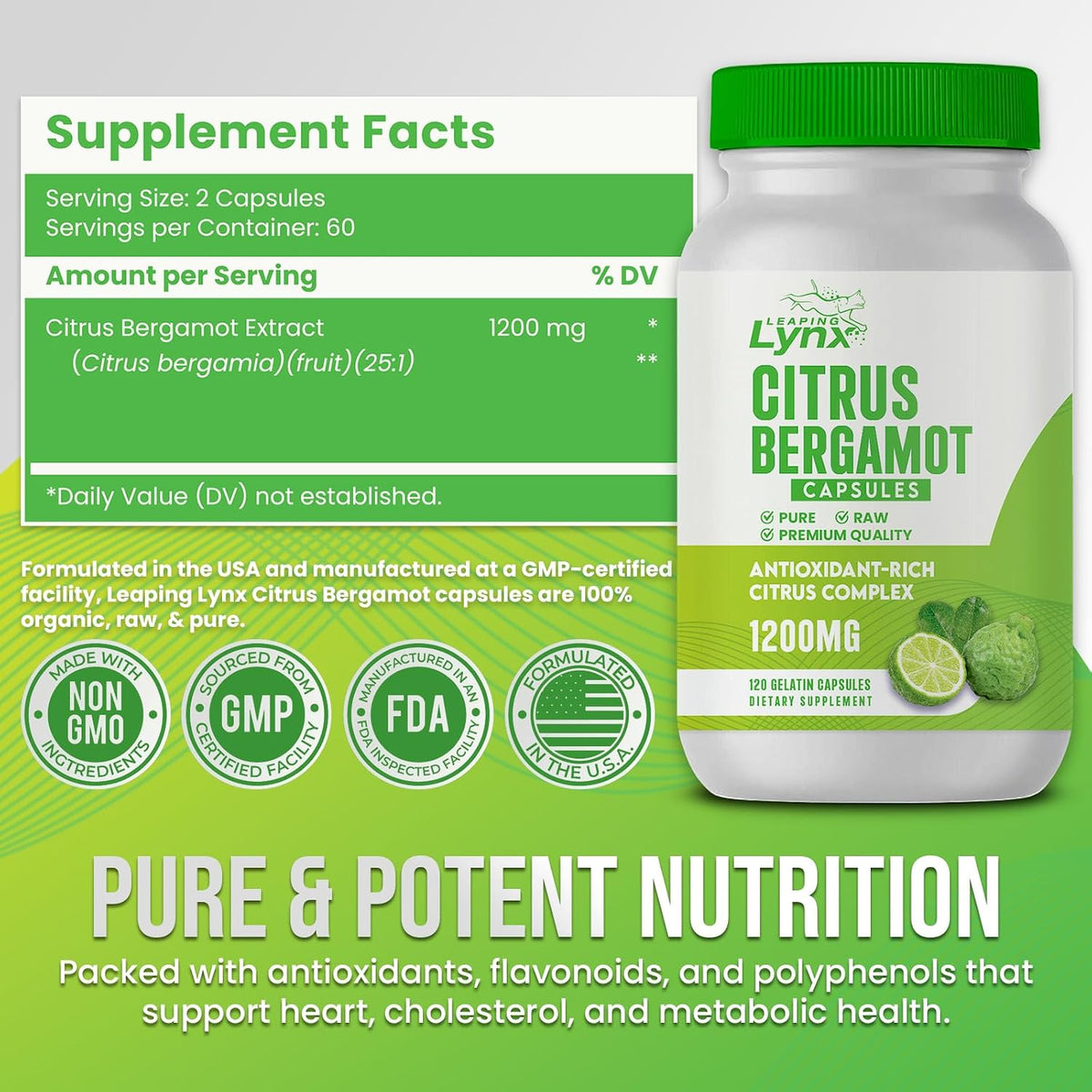 Leaping Lynx Citrus Bergamot 1200 mg – Heart – Provides antioxidant protection – The flavonoids in bergamot, such – Image 2