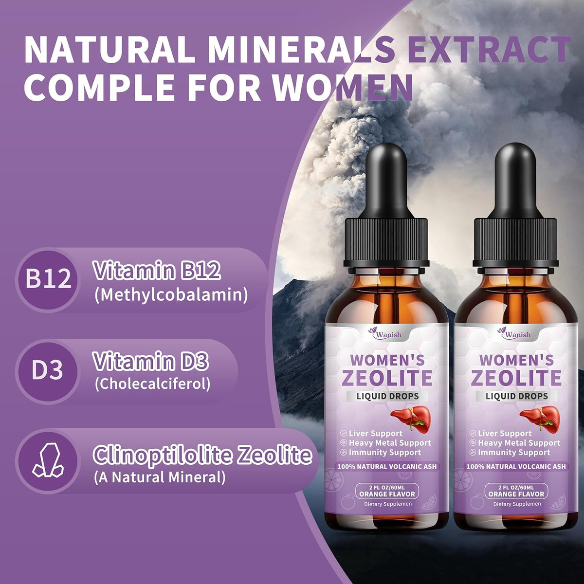 Wanish Premium Zeolite Drops for Women's - 99%+ Pure Natural Volcanic Ash with B12 & D3, Vegan, Non-GM, 118 mL – Image 3