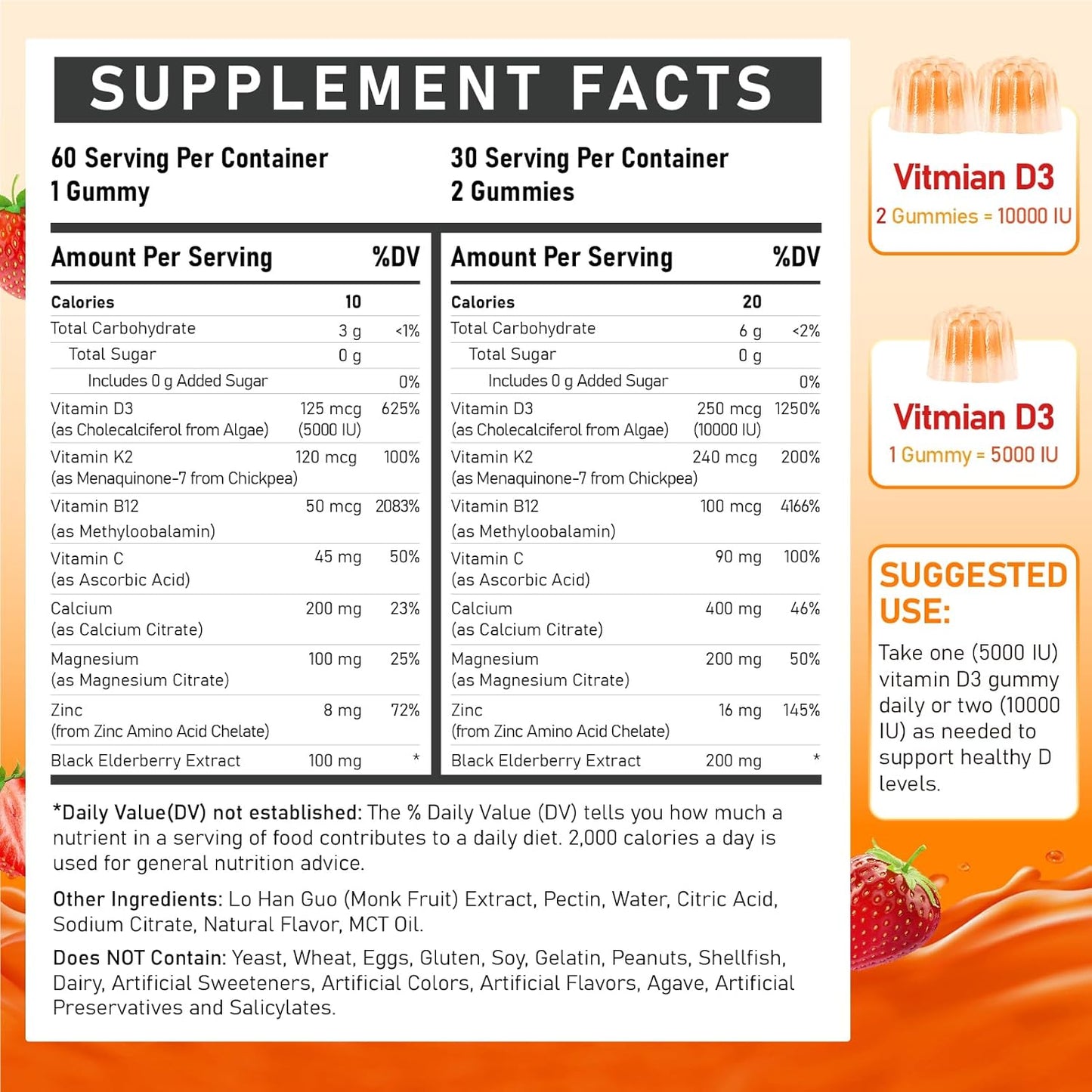 Vitamin D3 10000IU + K2 Gummies with Methyl B12, Calcium, Magnesium, Zinc & Elderberry - Sugar-free Vegan - görsel 2