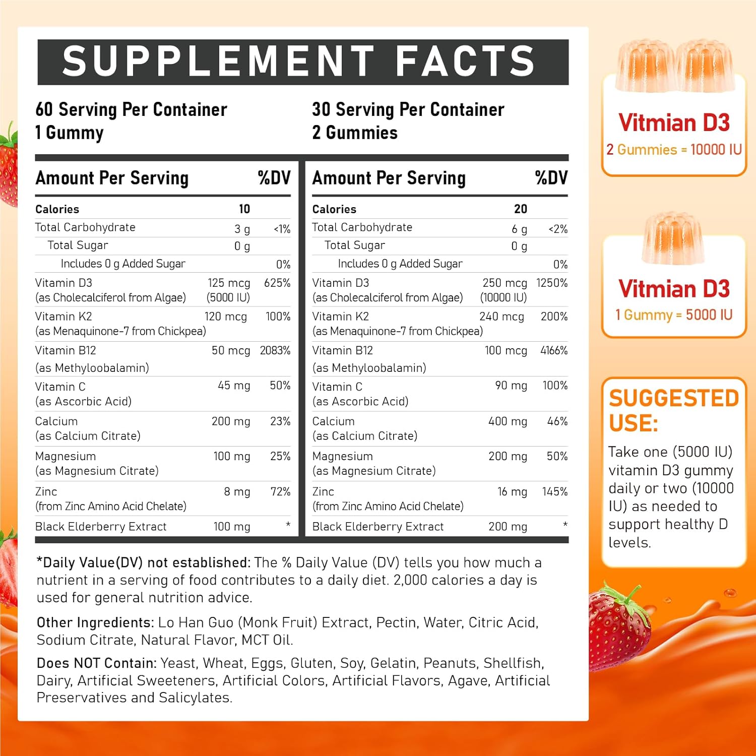 Vitamin D3 10000IU + K2 Gummies with Methyl B12, Calcium, Magnesium, Zinc & Elderberry - Sugar-free Vegan - görsel 2