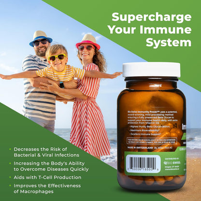 Bio Swiss Beta Glucan Immunity Power - 1,3D-1,6D Glucan with Vitamin D - Immune Support Supplement for Enhanced Defence and Wellbeing - Vegan, Gluten free (120 Capsules)