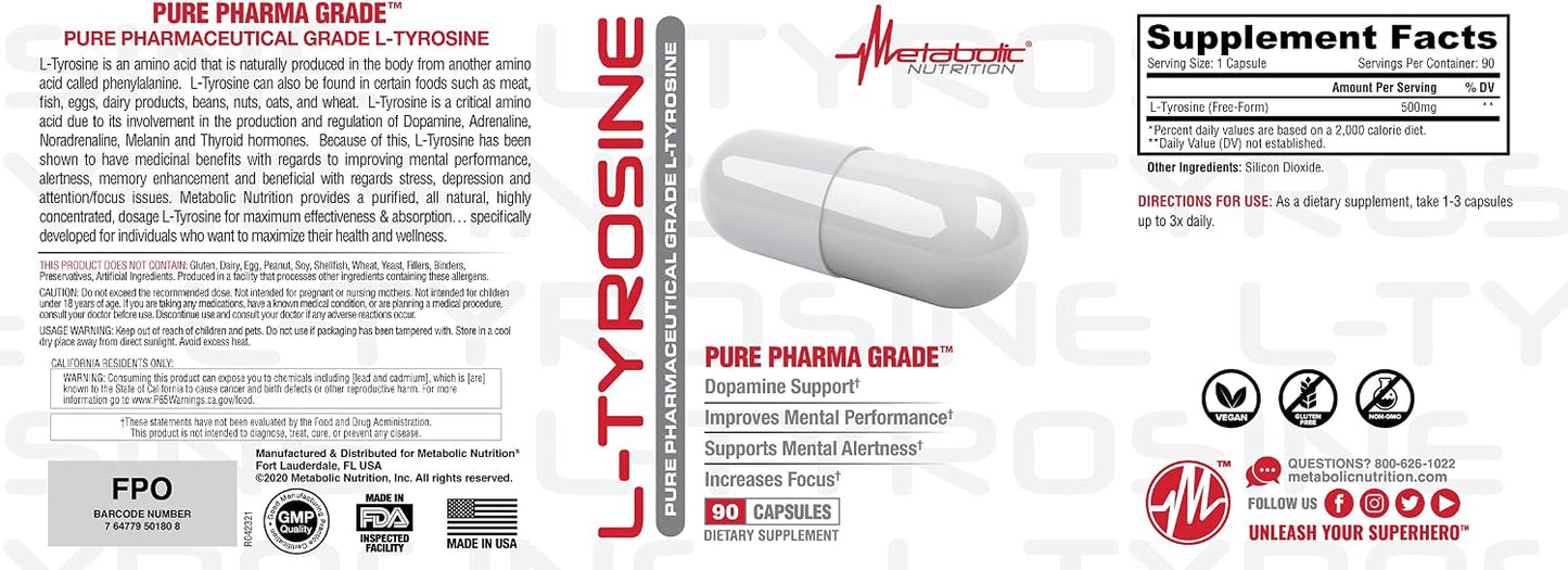 Metabolic Nutrition L-Tyrosine - 500mg, 90 Capsules - görsel 3