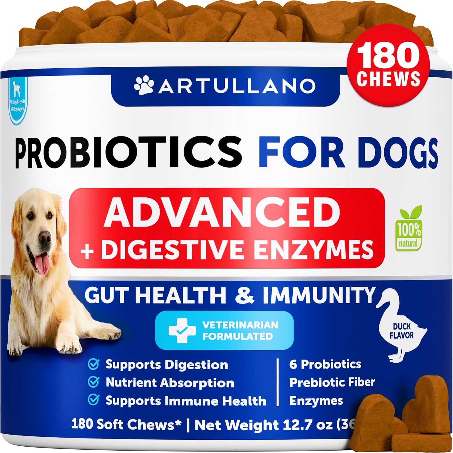 Artullano Probiotics for Dogs - Gut Health, Allergy & Immune Support - 180 Soft Chews - görsel 1