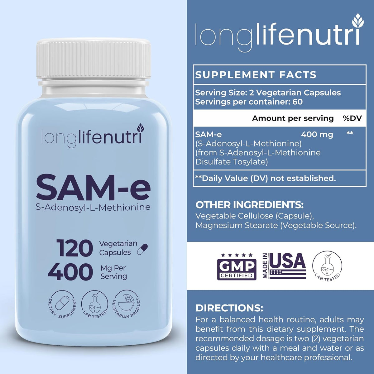 LongLifeNutri SAM-e 400mg – 120 Vegetarian Capsules – Image 2