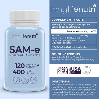 LongLifeNutri SAM-e 400mg – 120 Vegetarian Capsules – Image 2