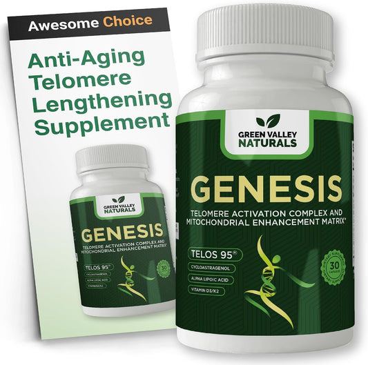 Genesis Telomere Length Supplement – Telos95® Astragalus Extract with CoQ10, D3, K2, ALA & Grape Seed | 30 Vegan Capsules – Image 1