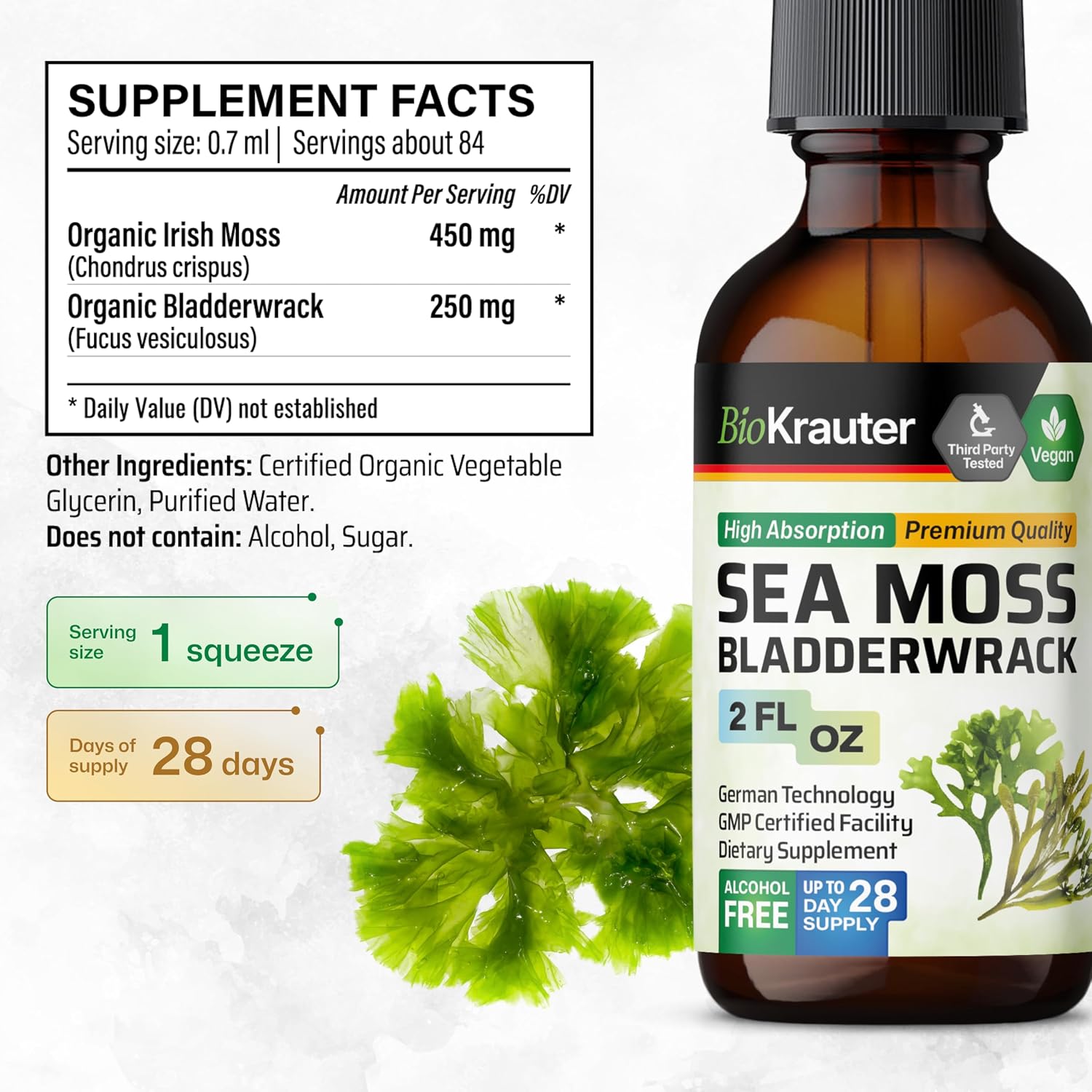 BIO KRAUTER 2-in-1 Sea Moss & Bladderwrack Drops - Vegan Liquid Supplement, 60 mL - görsel 3