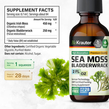 BIO KRAUTER 2-in-1 Sea Moss & Bladderwrack Drops - Vegan Liquid Supplement, 60 mL