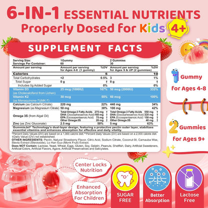LILICARE Vitamin D3 K2 + Calcium Liquid-filled Gummies for Kids & Teens – Sugar-free, 2-Pack