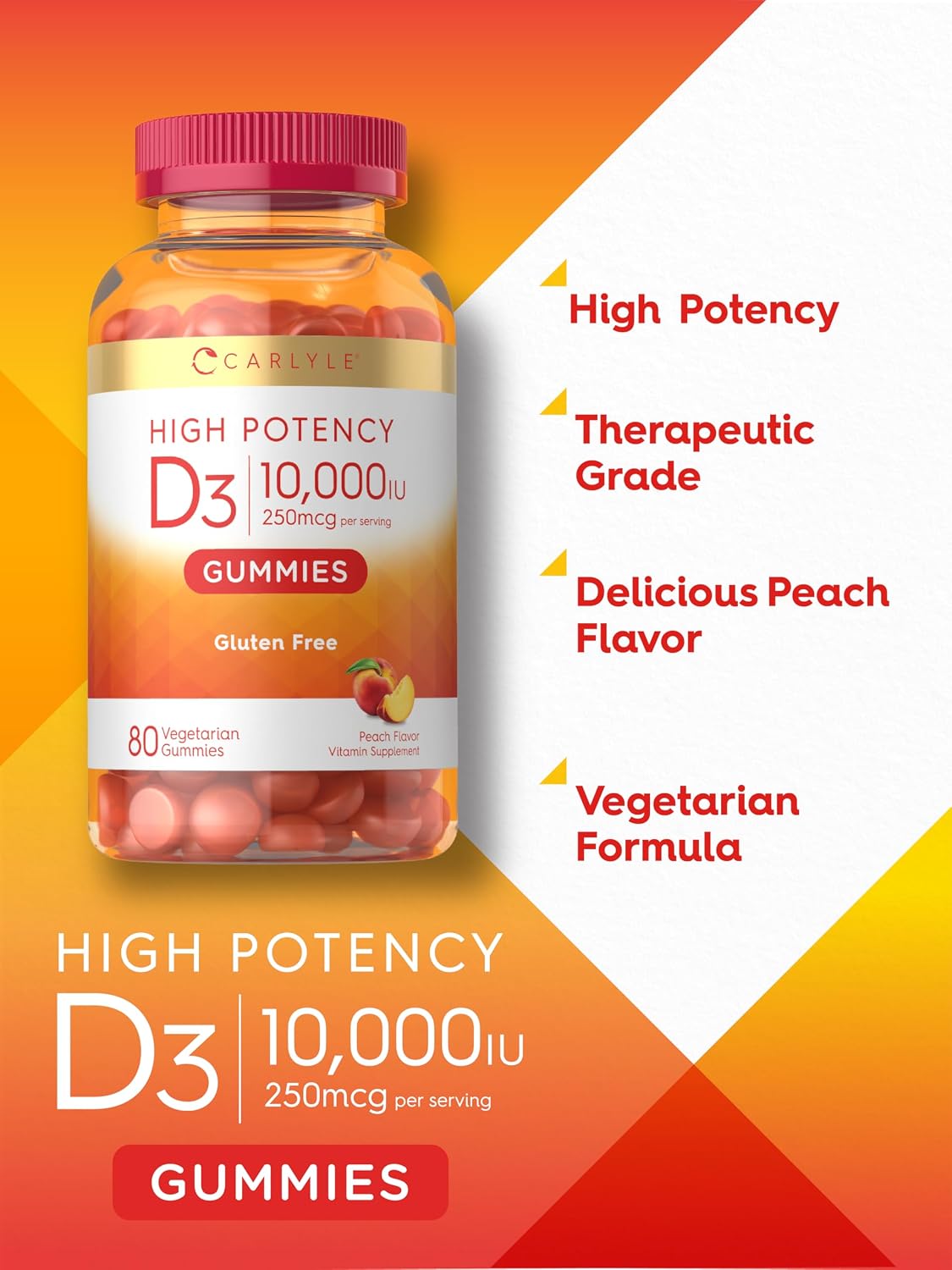 Carlyle Vitamin D3 10000 IU Gummies for Adults - 80 Count, Peach Flavoured, High Potency, Vegetarian, Non-GM, Gluten Free - görsel 4