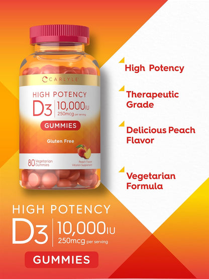 Carlyle Vitamin D3 10000 IU Gummies for Adults - 80 Count, Peach Flavoured, High Potency, Vegetarian, Non-GM, Gluten Free