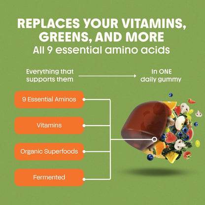 Awesome Everyday Essential Daily Nutrition Gummies - 9 Essential Amino Acids + Vitamins, Minerals & Organic Greens and Superfoods - Fermented Nutrition for Energy, Brain & Immunity – Kids – 28 Count