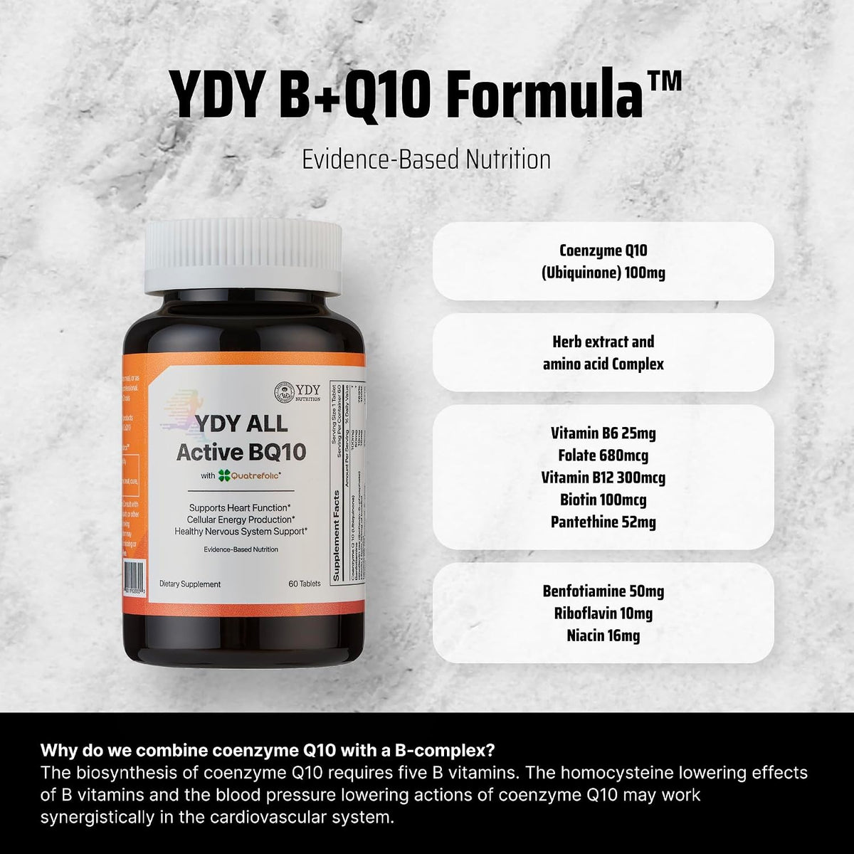 YDY All Active BQ10 - CoQ10 100mg, Vitamin B Complex (B1, B2, B3, B6, B7, B9, B12, Pantethine) - Supports Heart Health, – Image 4