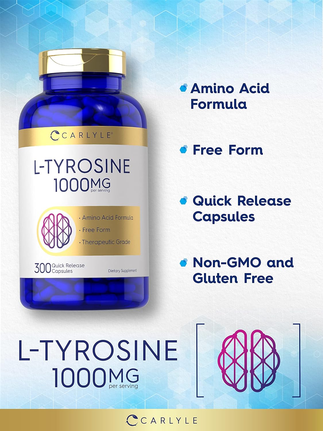 Carlyle L-Tyrosine Capsules 1000mg, 300 Count, Therapeutic Grade, Non-GM & Gluten free - görsel 3