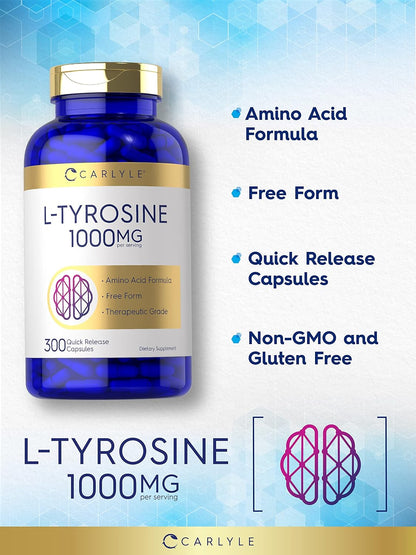 Carlyle L-Tyrosine Capsules 1000mg, 300 Count, Therapeutic Grade, Non-GM & Gluten free