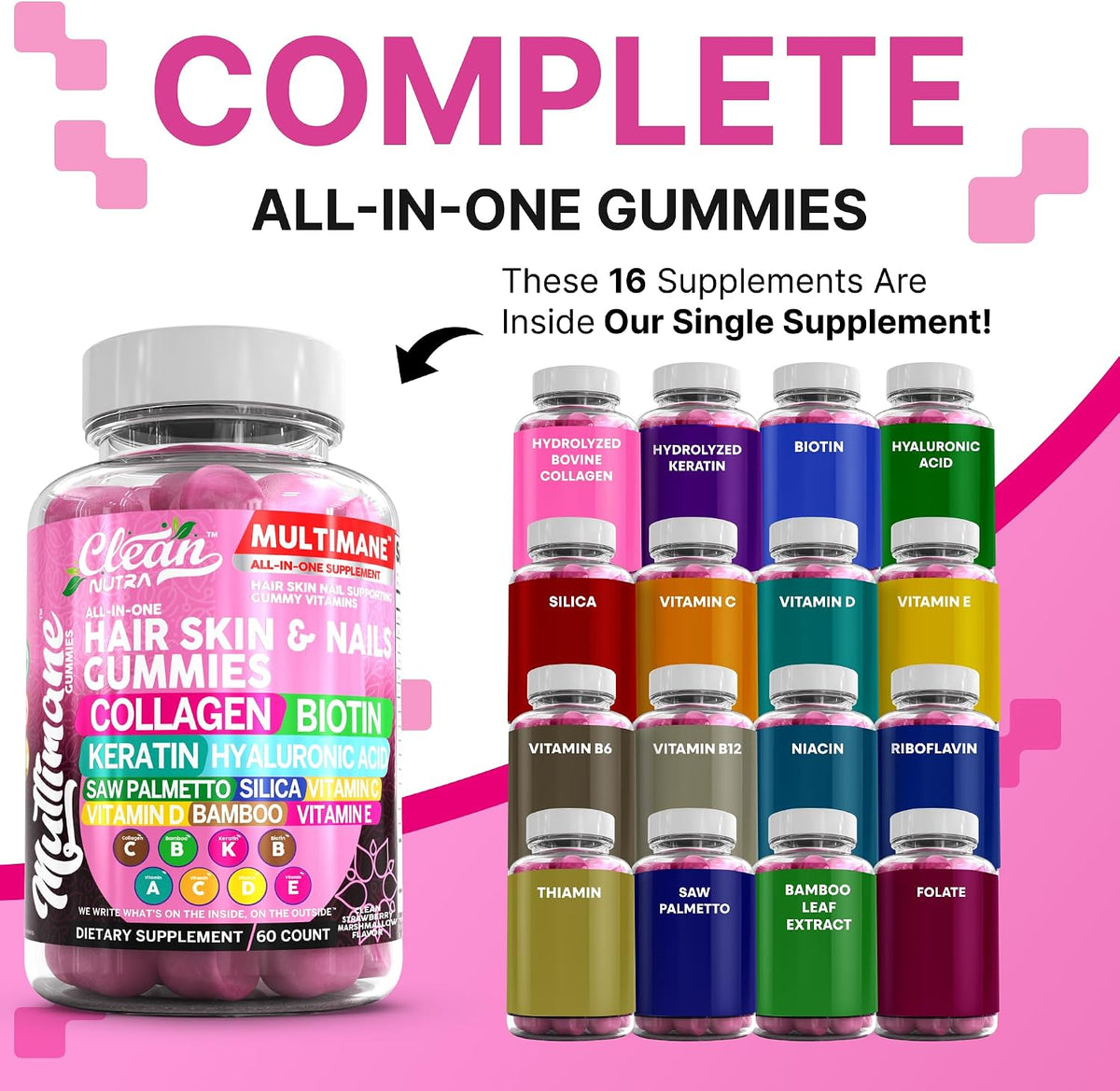 Clean Nutraceuticals Biotin Collagen Keratin Gummies | Hair, Skin and Nails Vitamins for Women's | Hyaluronic Acid Bamboo – Image 2