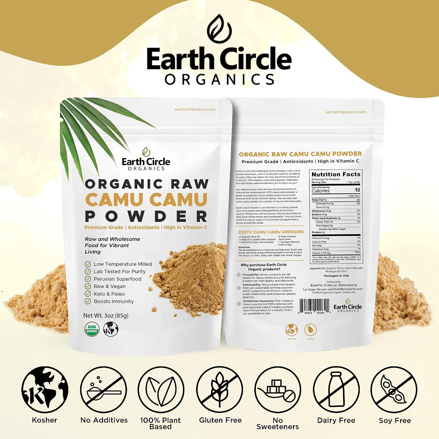 Earth Circle Organics Camu Camu Powder – Organic Raw Berry Powder with Natural Vitamin C & Antioxidants – Vegan, Kosher, Non-GM Superfood – 85g (Pack of 3) - görsel 5