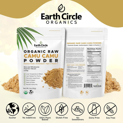 Earth Circle Organics Camu Camu Powder – Organic Raw Berry Powder with Natural Vitamin C & Antioxidants – Vegan, Kosher, Non-GM Superfood – 85g (Pack of 3)