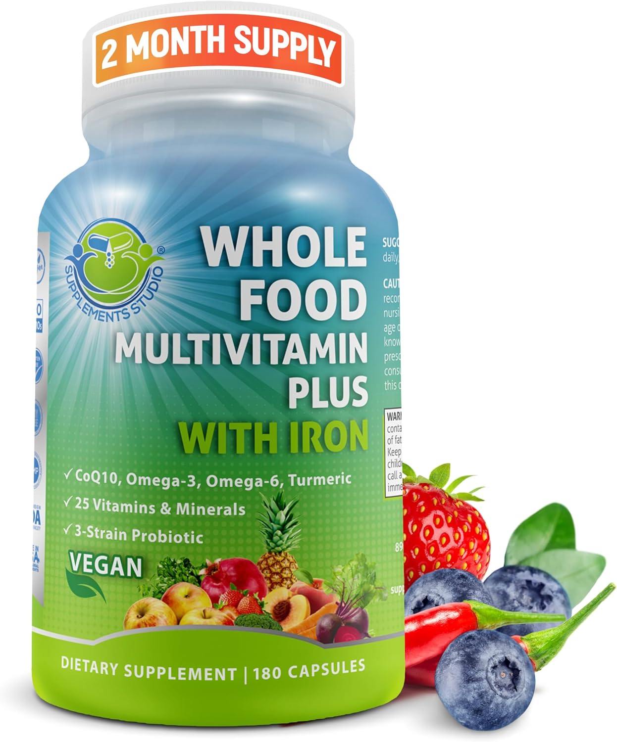 Vegan Wholefood Daily Multivitamin with Iron, Methylated Multivitamin for Women and Men, Made with Fruits & Vegetables, B-Complex, Probiotics, Enzymes, CoQ10, Omegas, Turmeric, Non-GM, 180 Count - görsel 1