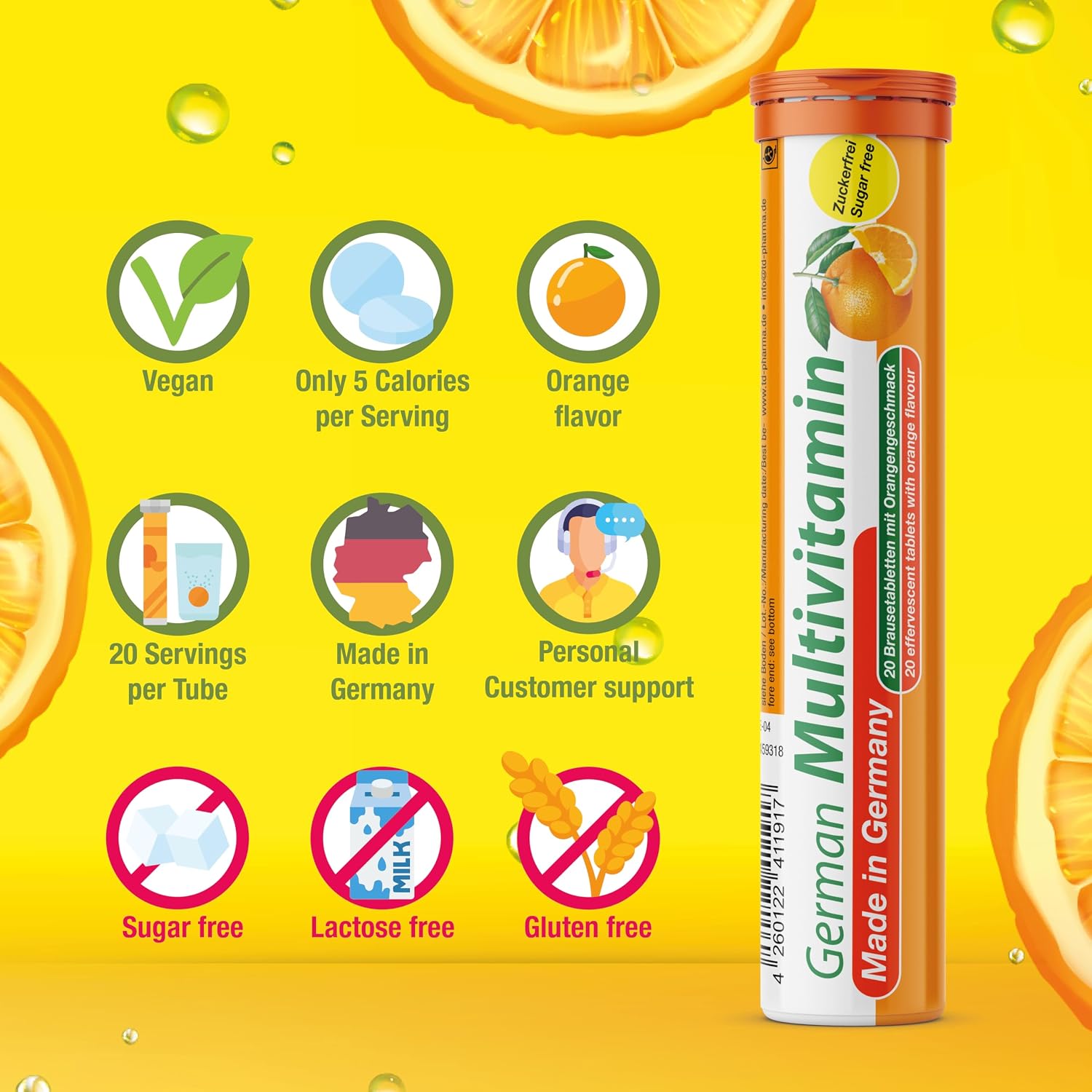 T&D German Multivitamin 10 Vitamins - 40 Vegan Drink Effervescent Tablets - Orange Flavour - Made in Germany - görsel 5