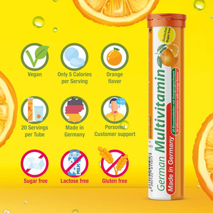 T&D German Multivitamin 10 Vitamins - 40 Vegan Drink Effervescent Tablets - Orange Flavour - Made in Germany