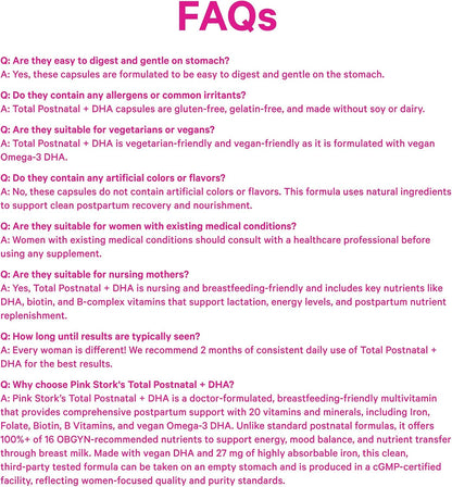 Pink Stork Total Postnatal Vitamins for Women's | Vegan Algae DHA, Methylated Folate, Iron, B12 | Postpartum Recovery + – Image 8