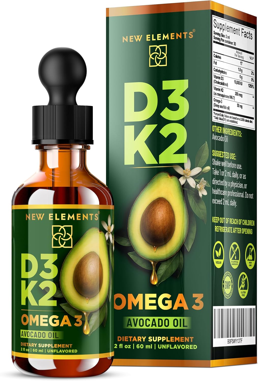 New Elements Liquid Vitamin D3 + K2 Drops, 10,000 IU with Omega-3 – Avocado Oil Base, Non-GM – 60 mL - görsel 1