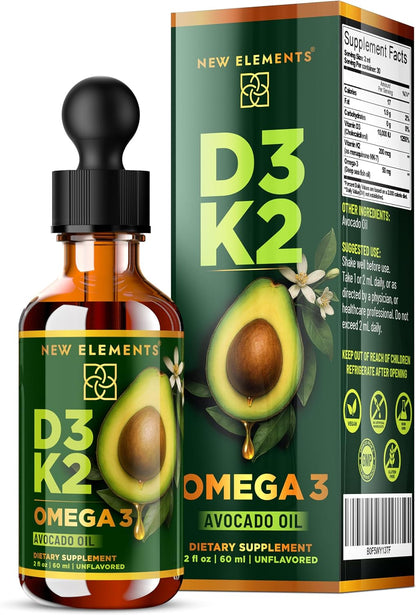 New Elements Liquid Vitamin D3 + K2 Drops, 10,000 IU with Omega-3 – Avocado Oil Base, Non-GM – 60 mL
