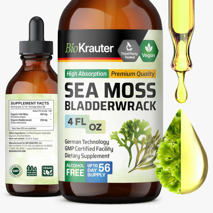 BIO KRAUTER 2-in-1 Sea Moss & Bladderwrack Drops - Vegan Liquid Supplement, 60 mL