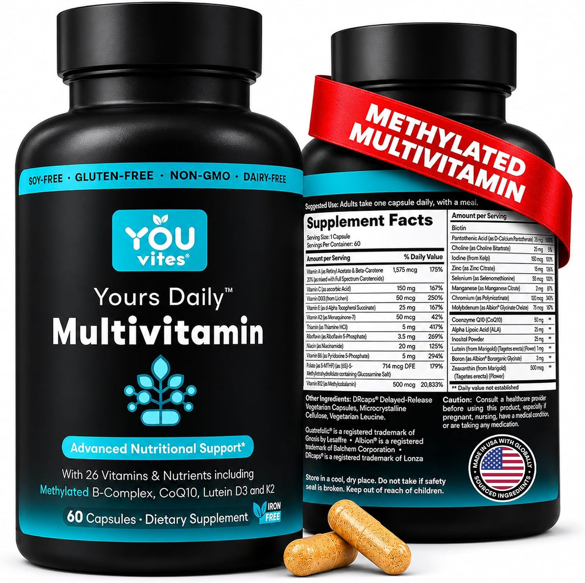 You Vites Methylated Multivitamin for Men and Women's - Methyl Multi Without Iron - 60 Capsules – Image 1
