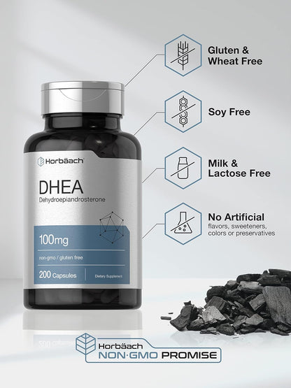 Horbäach DHEA 100mg | 200 Capsules | Supplement for Men and Women